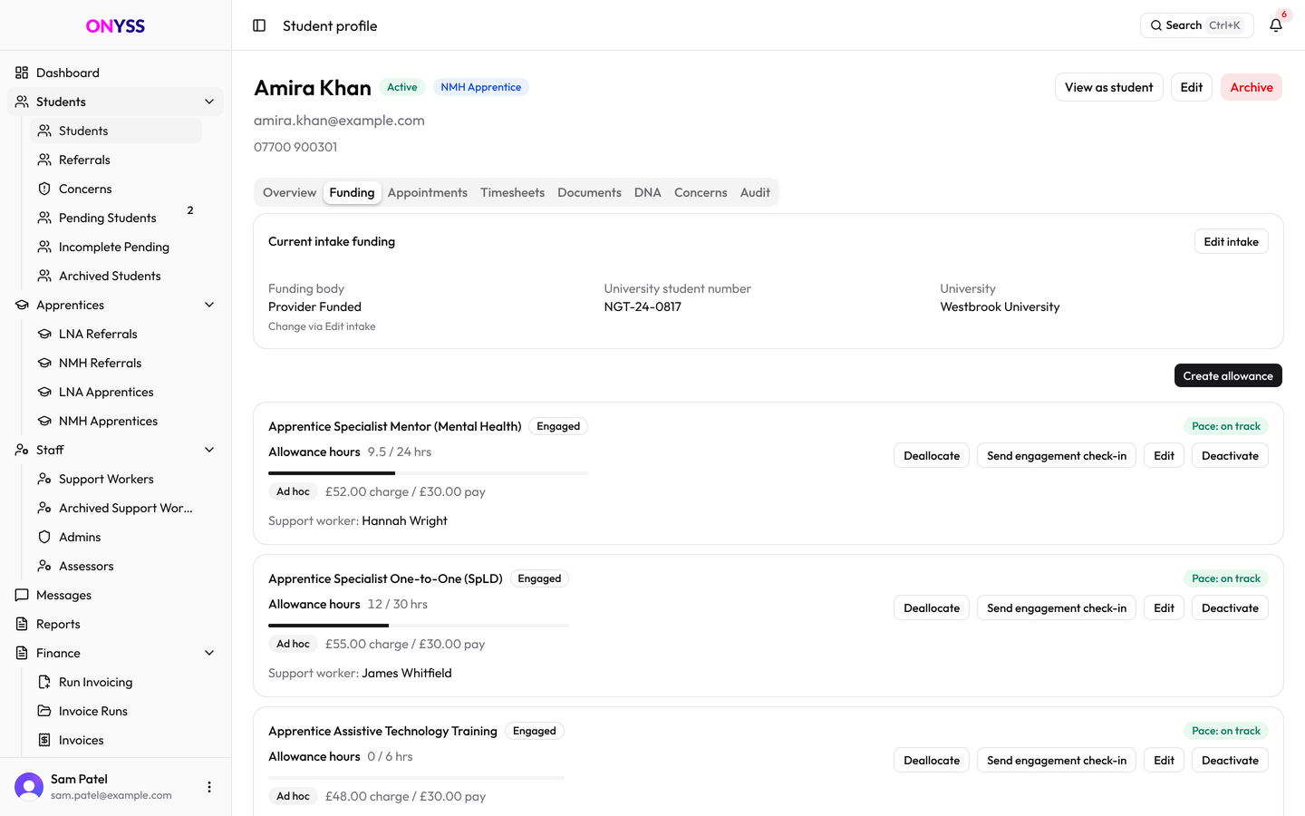 A learner record in the ONYSS Admin workspace on the Funding tab, showing intake funding and support allowances with hours used.